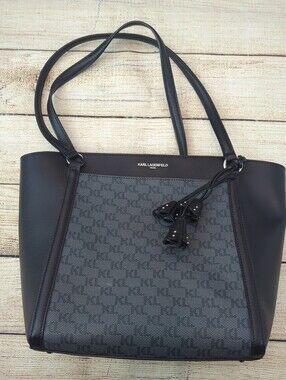 Karl Lagerfeld Black/Gray Monogram Bag Logo Print Purse New Without Tags